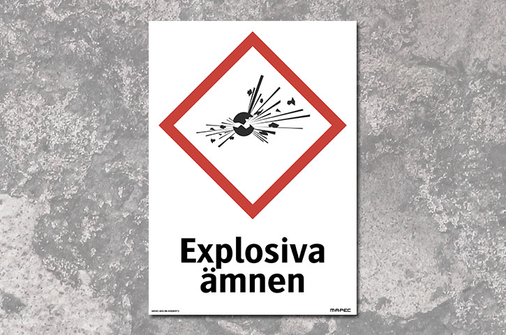 En varningsskylt med GHS-symbol som varnar för explosiva ämnen.